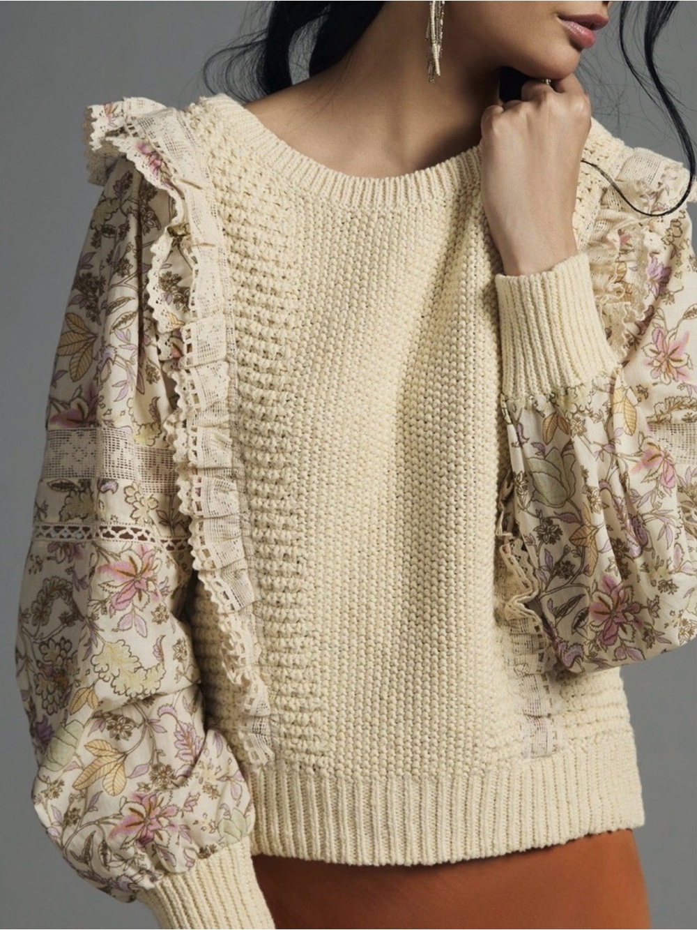 By Anthropologie Printed-Sleeve Ruffle Sweater Cream Floral S